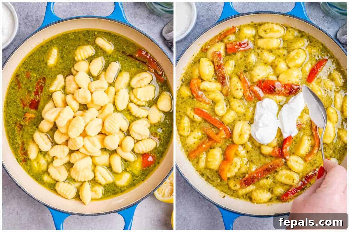 Velvety Pesto Gnocchi 5 process shot of adding the gnocchi and the yogurt in the pesto sauce to cook with the gnocchi.