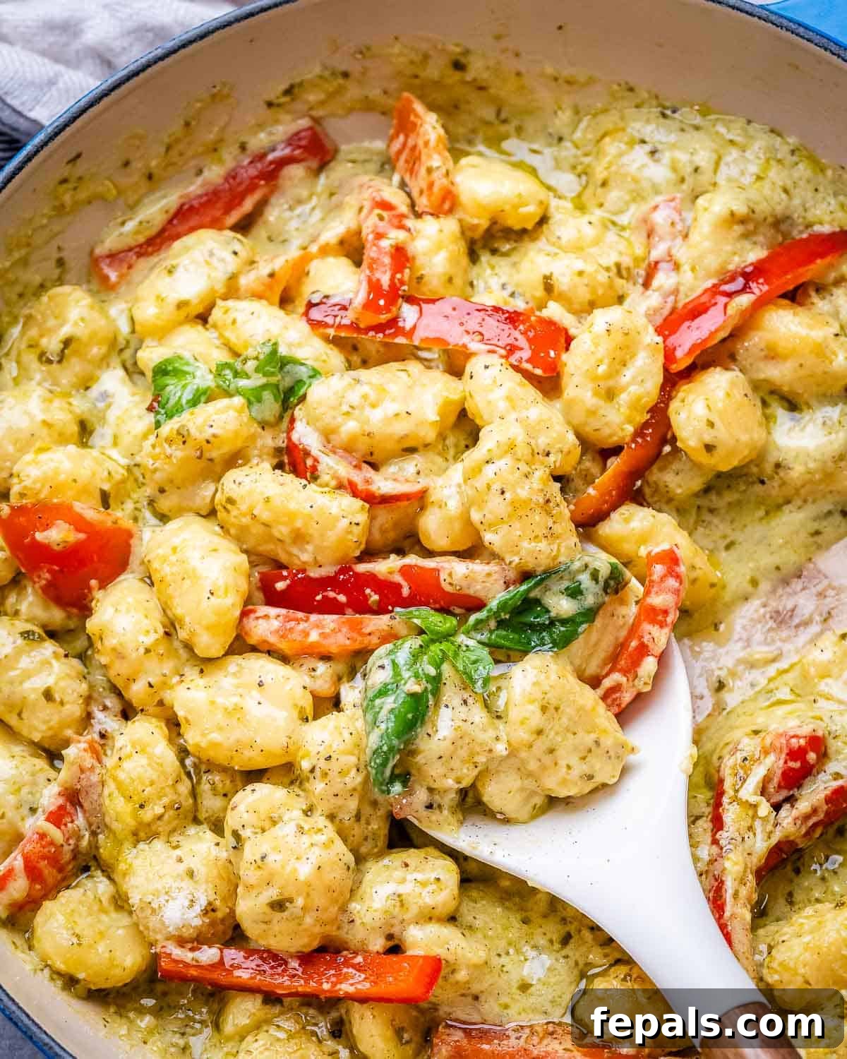 Velvety Pesto Gnocchi 7 gnocchi in a pepper and pesto creamy sauce.