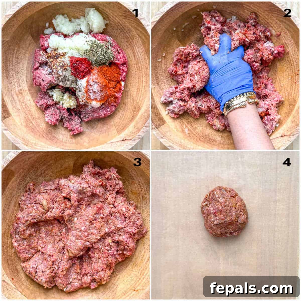 The initial step of preparing the meat mixture for doner kebab, with all ingredients combined in a bowl, being mixed by hand.