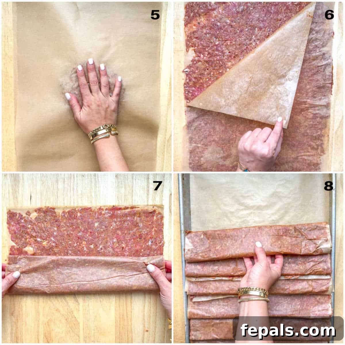 Process shot showing the doner kebab meat being rolled out thinly between two sheets of parchment paper, followed by rolling it into a log and placing it on a baking pan.