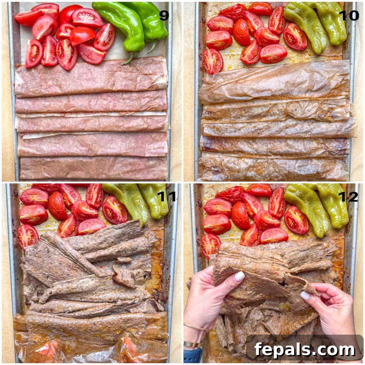 Process shot displaying the baked doner kebab rolls on a pan, with the parchment paper being carefully unrolled from the meat after baking.