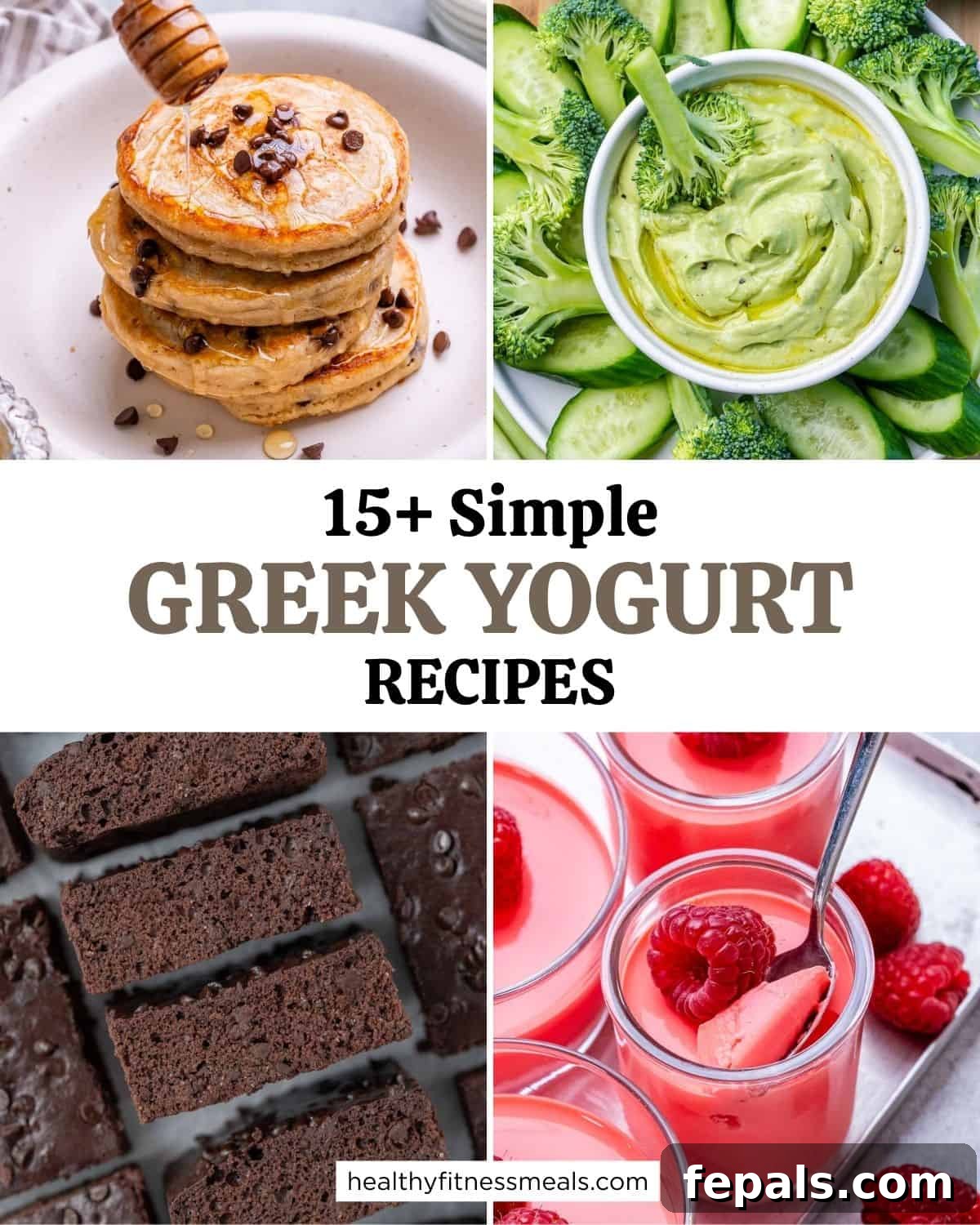 A vibrant collage of four diverse recipes featuring Greek yogurt, showcasing its versatility in both sweet and savory dishes, from fluffy pancakes to creamy dips.