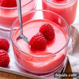 A vibrant red yogurt jello in a clear cup, elegantly topped with two fresh raspberries, showcasing a light and refreshing dessert or snack.