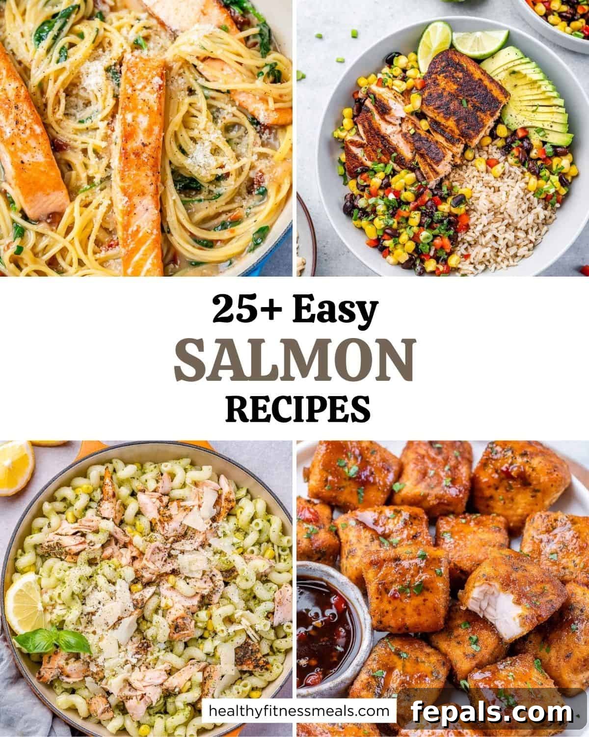 A vibrant collage showcasing four diverse salmon dishes, including baked, grilled, and salad preparations.