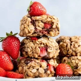 3 oatmeal cookies with strawberries stacked over each other.