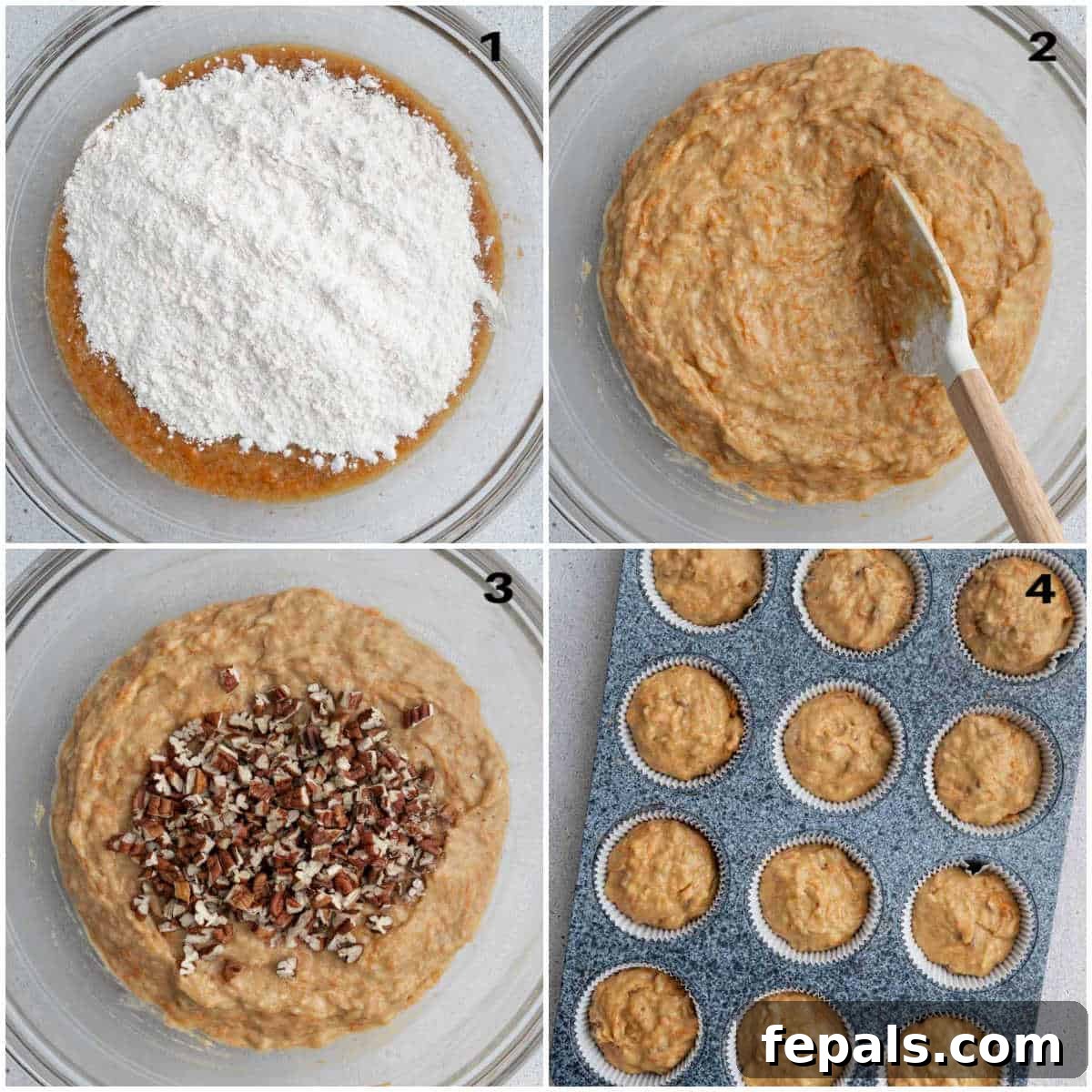 Process shot showing dry ingredients like flour and spices being mixed in a separate bowl before combining with wet ingredients.