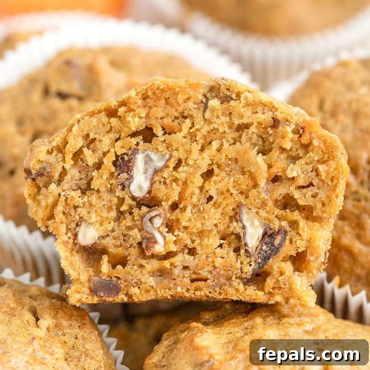 A perfectly baked carrot banana muffin sliced in half, revealing its moist interior and specks of carrot.
