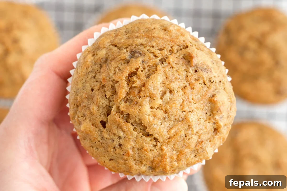 A hand holding a freshly baked carrot banana muffin, ready to be enjoyed.