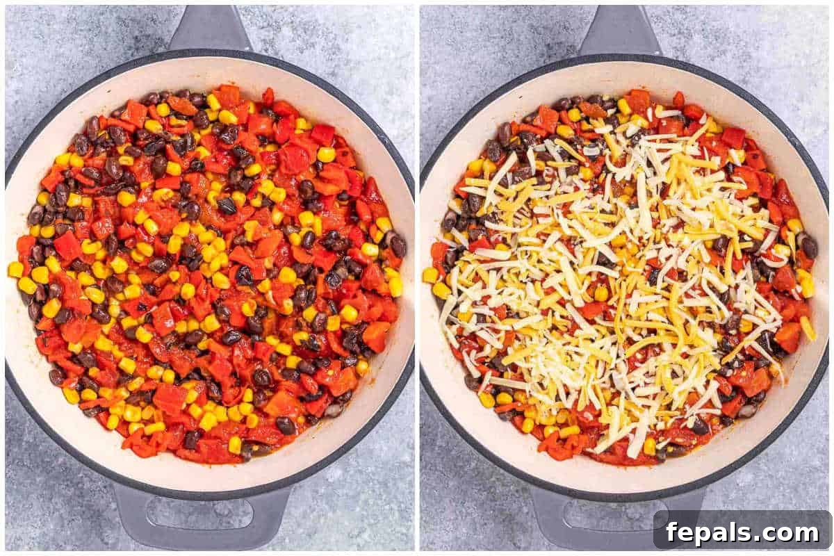 A mix of corn, black beans, and diced roasted peppers sautéing in a skillet, creating a vibrant base for the Santa Fe chicken.