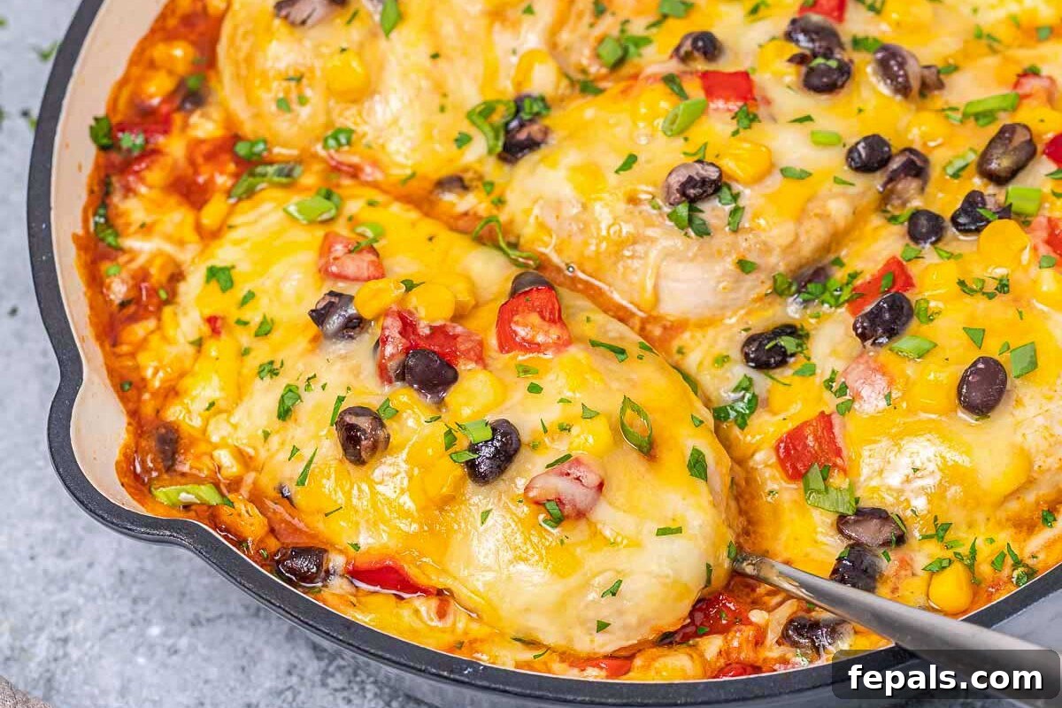 Close-up of a vibrant Santa Fe Chicken Skillet, featuring perfectly baked chicken breasts, bubbling melted Tex-Mex cheese, colorful corn, black beans, and roasted peppers, garnished with fresh green onions and cilantro.