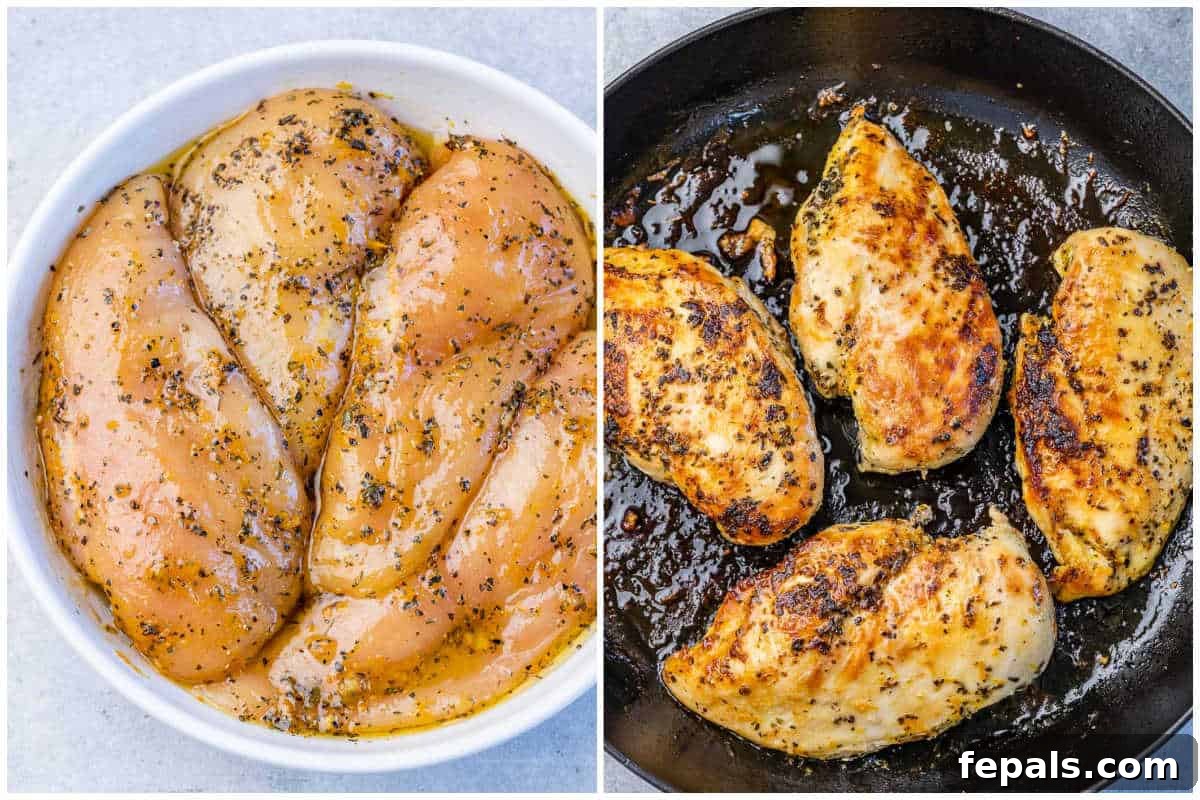Zesty Cranberry Orange Chicken 4 process shot for seasoning chicken breast and cooking it.