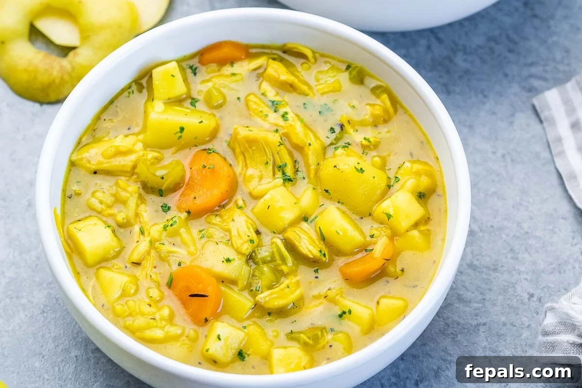 Spiced Anglo-Indian Mulligatawny 2 A white bowl of mulligatawny soup with a spoon