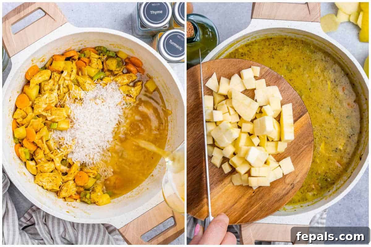 Spiced Anglo-Indian Mulligatawny 5 process shot of adding the broth in the pot along with the shredded chicken.