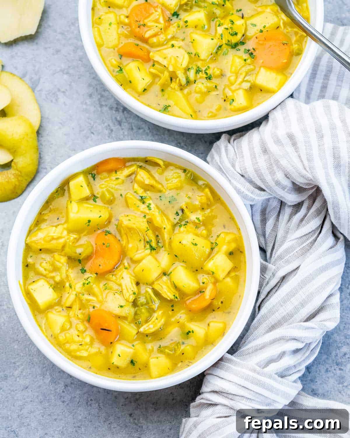 Spiced Anglo-Indian Mulligatawny 6 Two white bowls of Mulligatawny soup with a striped cloth.