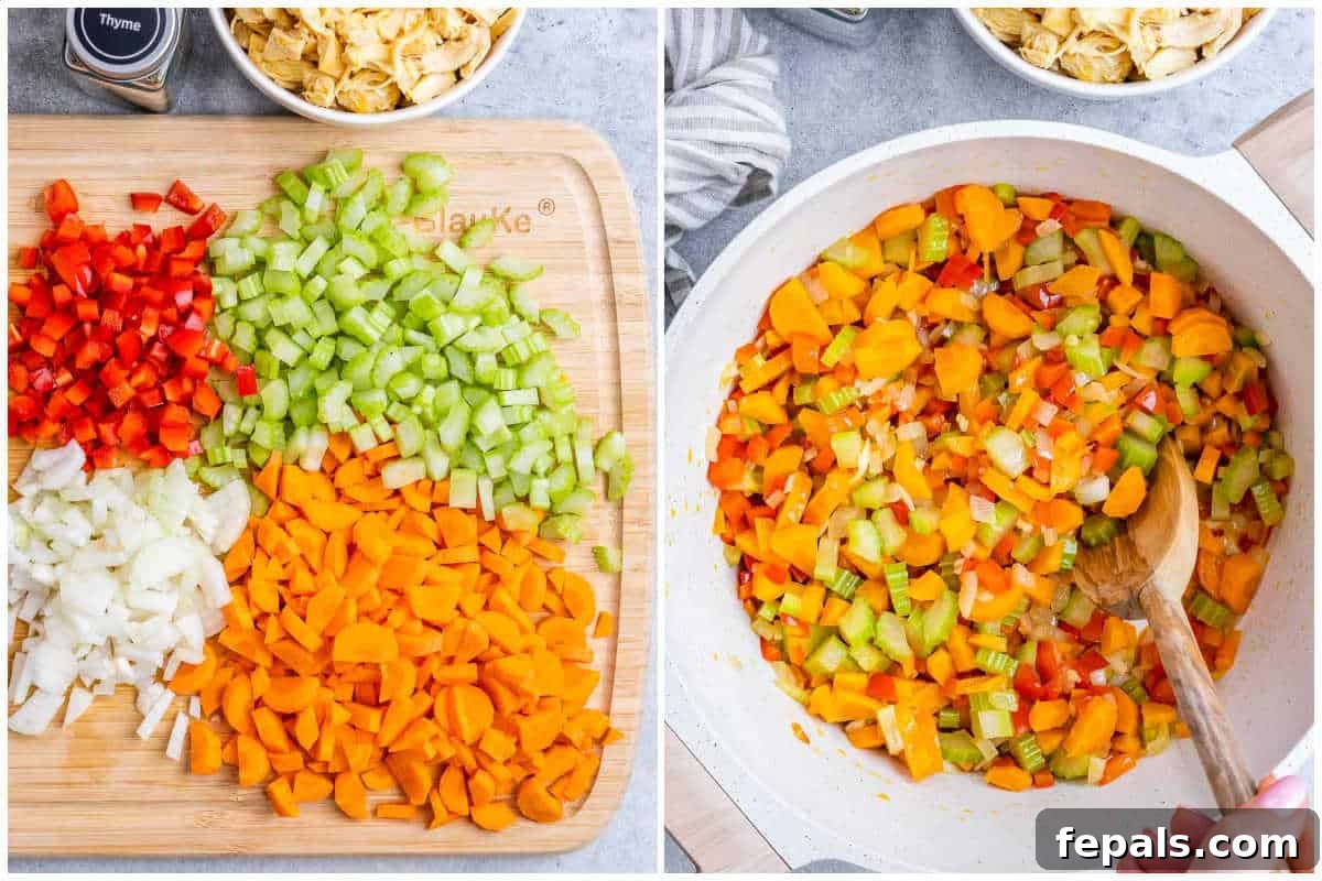 Process shot: chopping and preparing fresh vegetables for the soup and sautéing them in a pot.
