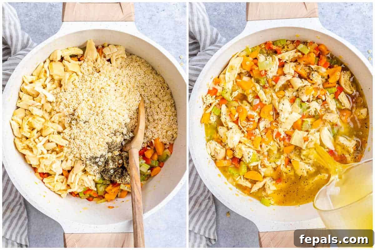 Process shot: adding pastina to the sautéed vegetables, then pouring in chicken broth and bringing the soup to a boil.