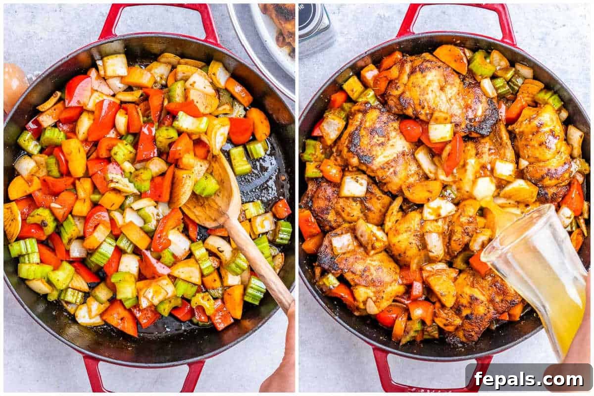 Classic Caribbean Brown Stew Chicken 5 A process shot showing chopped vegetables being added to a skillet after chicken has been seared, illustrating the next cooking step.