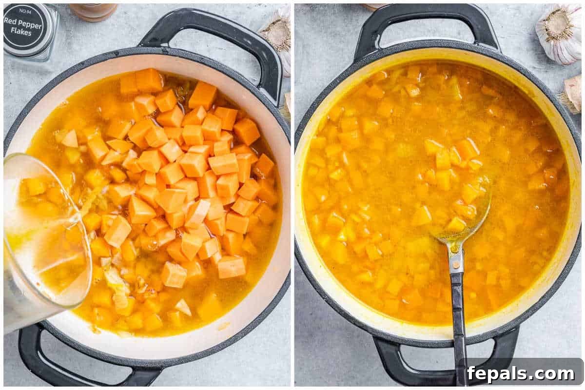Golden Carrot Ginger Velouté 5 Process shot demonstrating how to add liquid broth over the sautéed vegetables in a pot, ready for simmering.