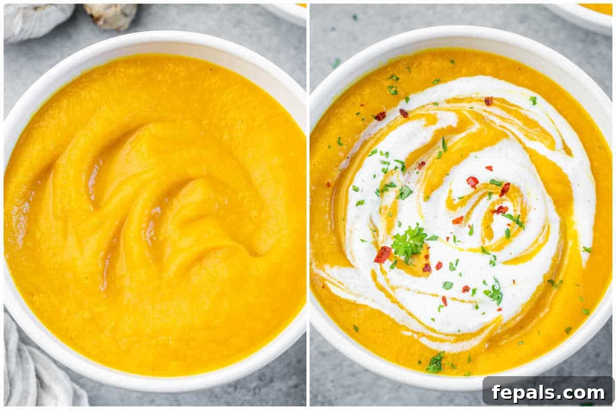 Golden Carrot Ginger Velouté 6 Process shot of serving creamy carrot ginger soup into a white bowl and topping it with a swirl of plain yogurt and red pepper flakes.