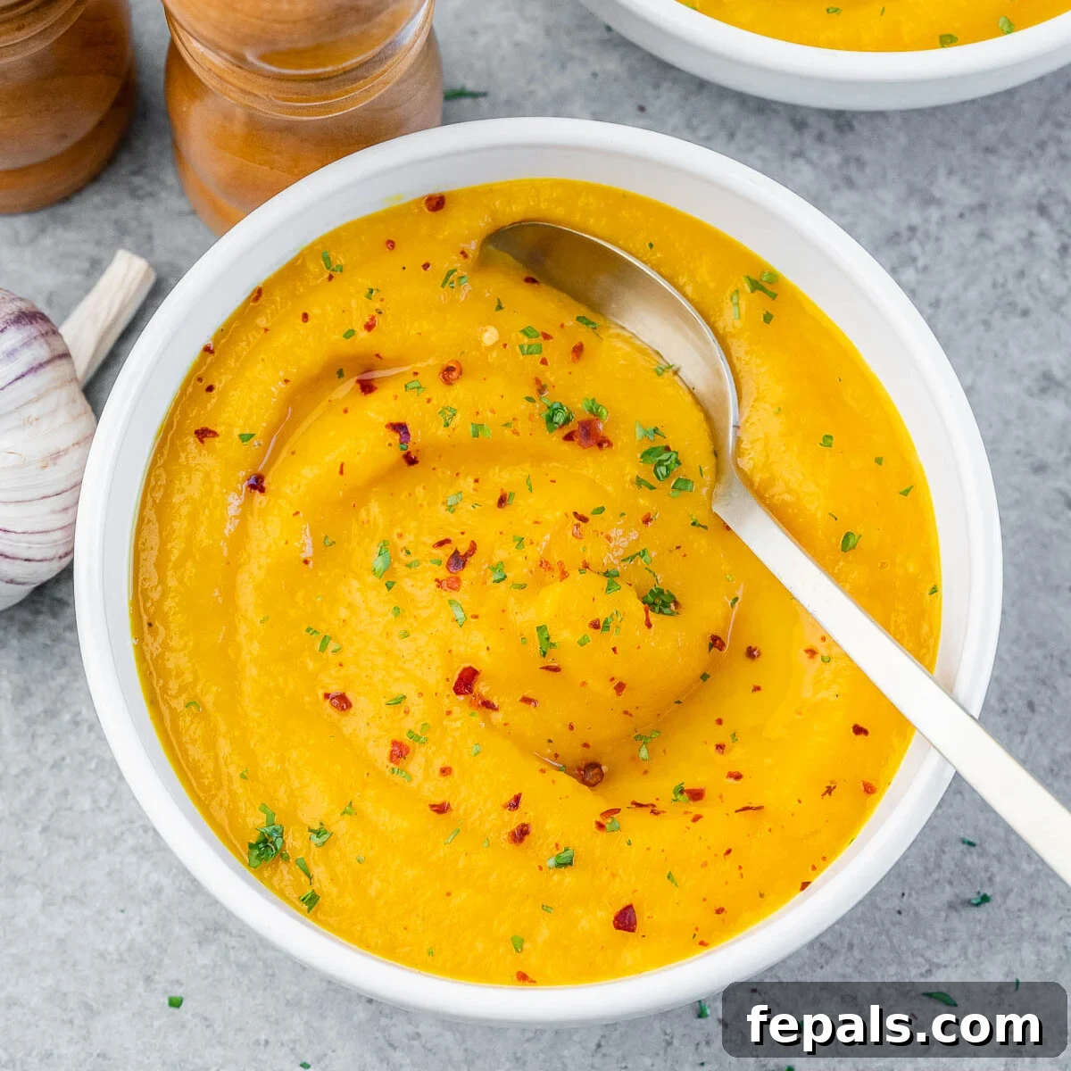 Golden Carrot Ginger Velouté 7 A white bowl of creamy carrot ginger soup, garnished with vibrant red chili flakes and a spoon resting in the bowl.