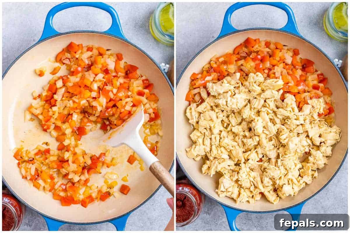 Process shot showing a chef sautéing diced onions, bell peppers, and garlic in a large pan with olive oil, preparing the aromatic base for Mexican chicken casserole.