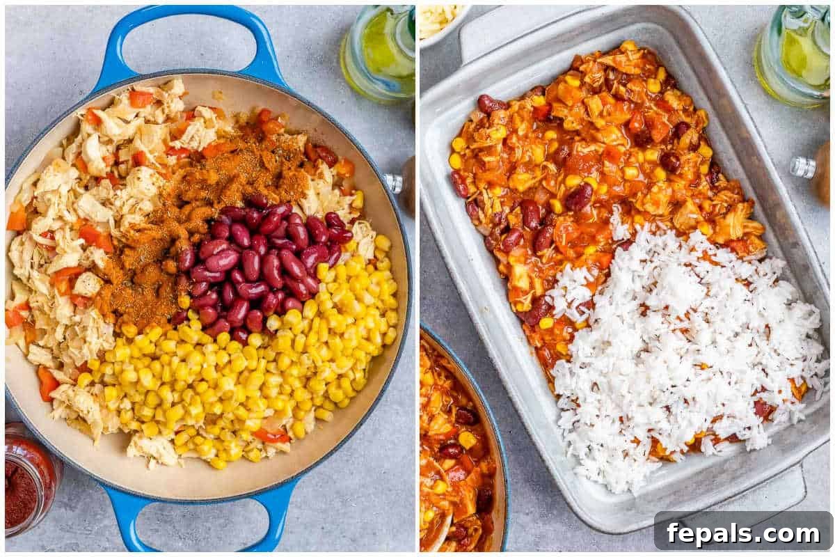 Process shot illustrating the layering of Mexican chicken casserole with beans, corn, and rice, meticulously arranged in a rectangular baking dish before baking.
