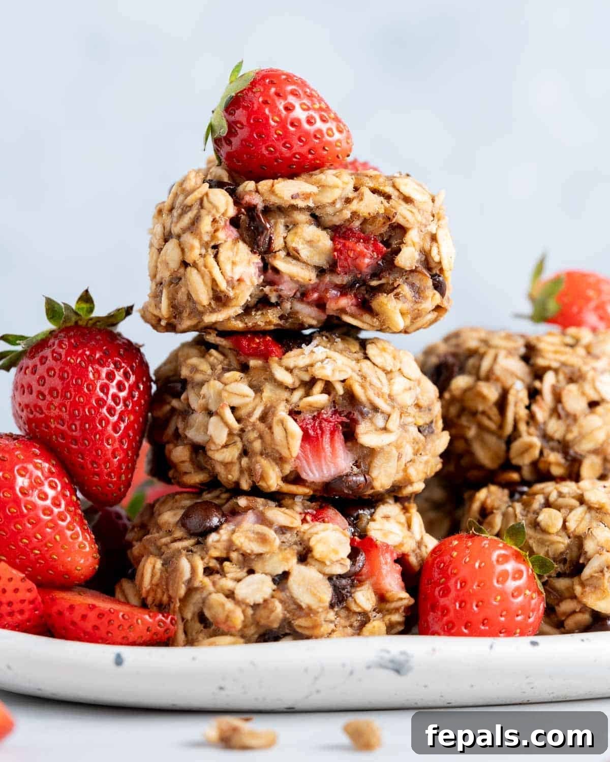 Stacked strawberry oatmeal cookies, showcasing their chewy texture and fresh fruit.