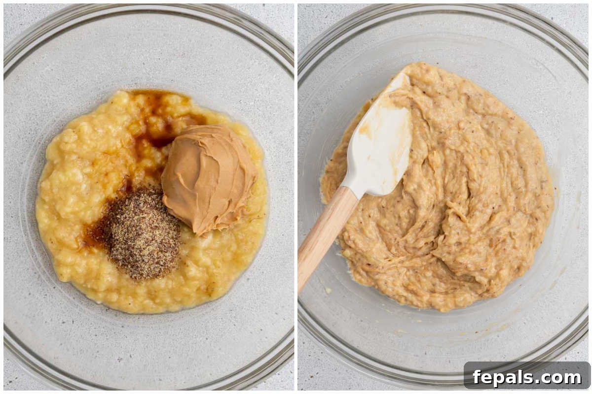 Process shot showing mashed bananas, peanut butter, and flaxseed being mixed in a bowl.