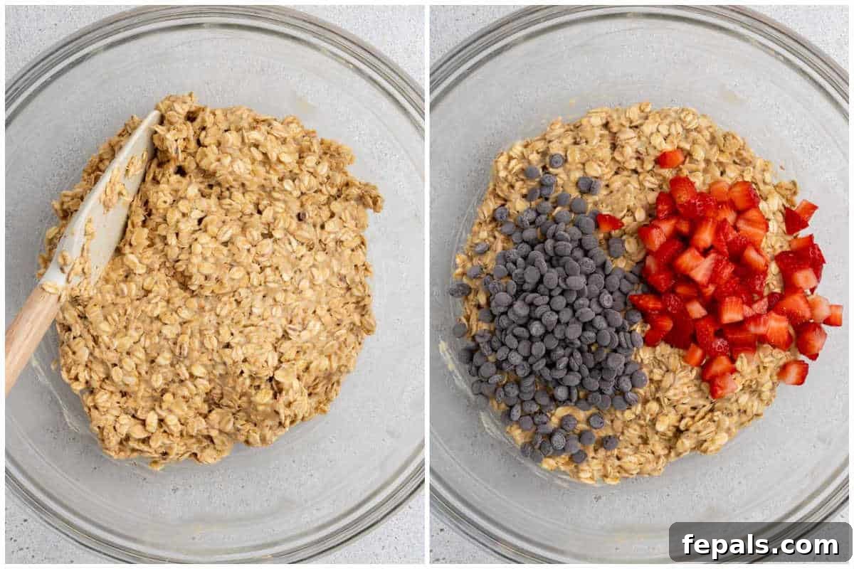 Process shot showing rolled oats being mixed into the wet banana and peanut butter mixture.