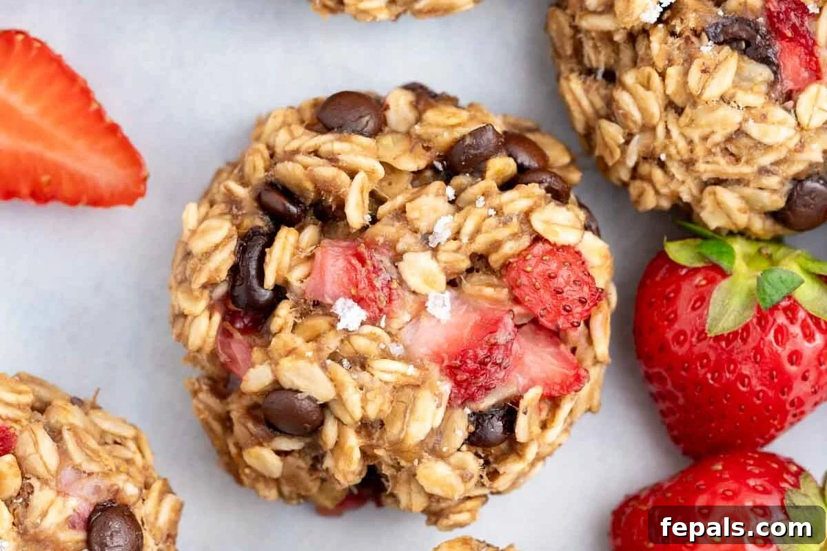 Close-up of an oatmeal cookie with visible chocolate chips and strawberry pieces.