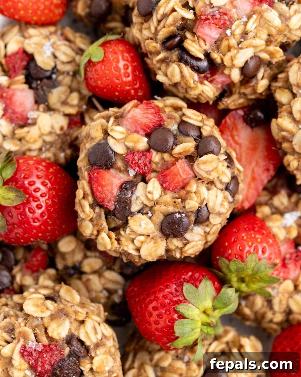 A plate of freshly baked oatmeal cookies with strawberries and chocolate chips.