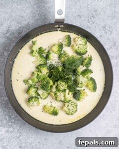 broccoli added to the creamy dill sauce.
