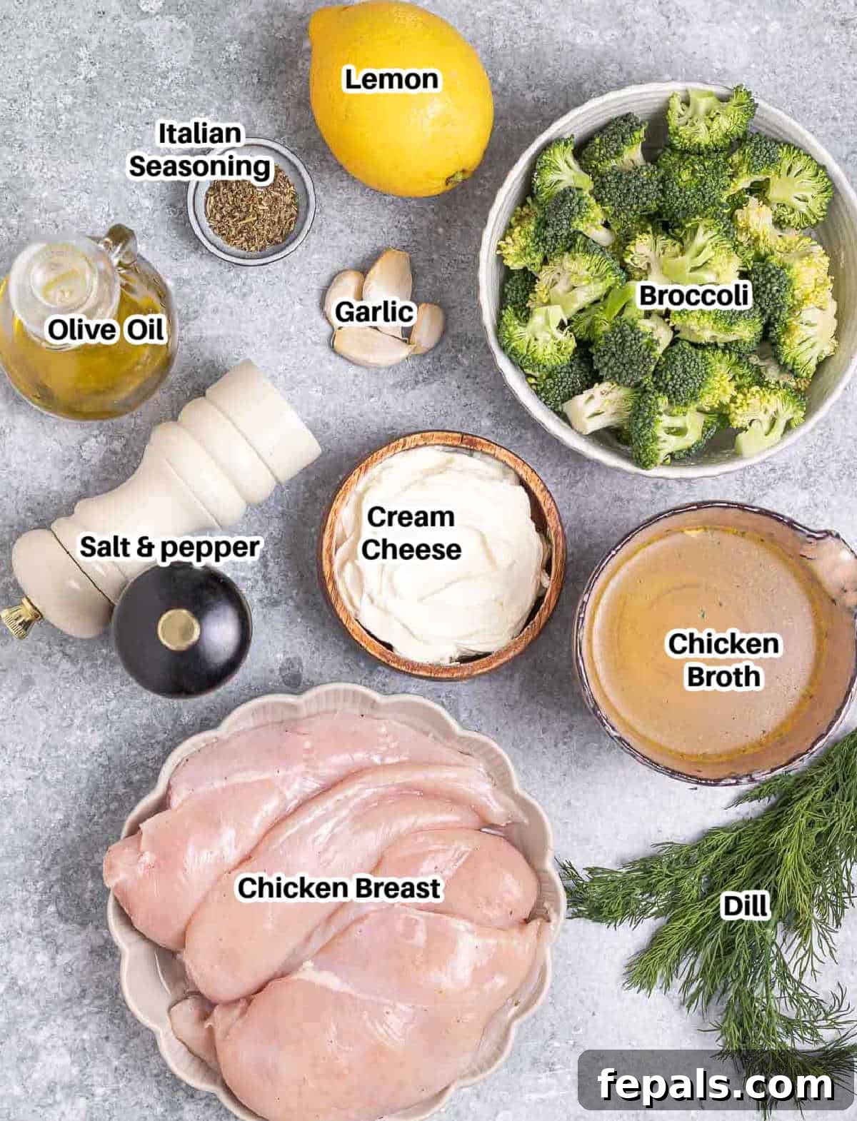 Ingredients to make seared chicken in dill sauce.