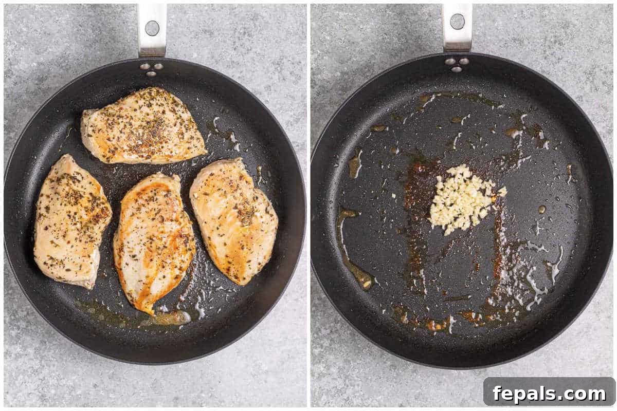 Process shot to sear chicken breast in a pan and searing garlic.
