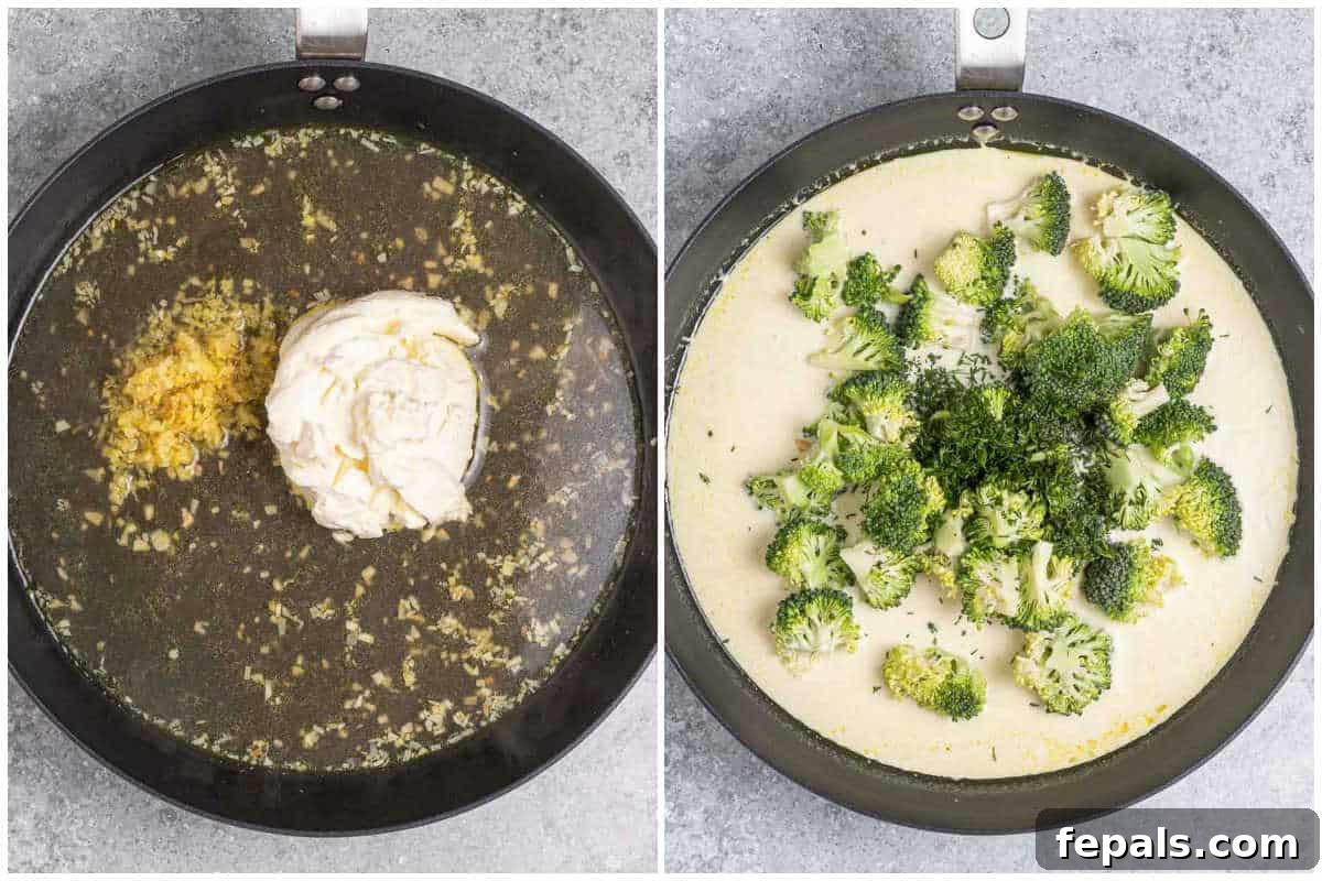 Process shot to make the creamy sauce and adding broccoli to the skillet.