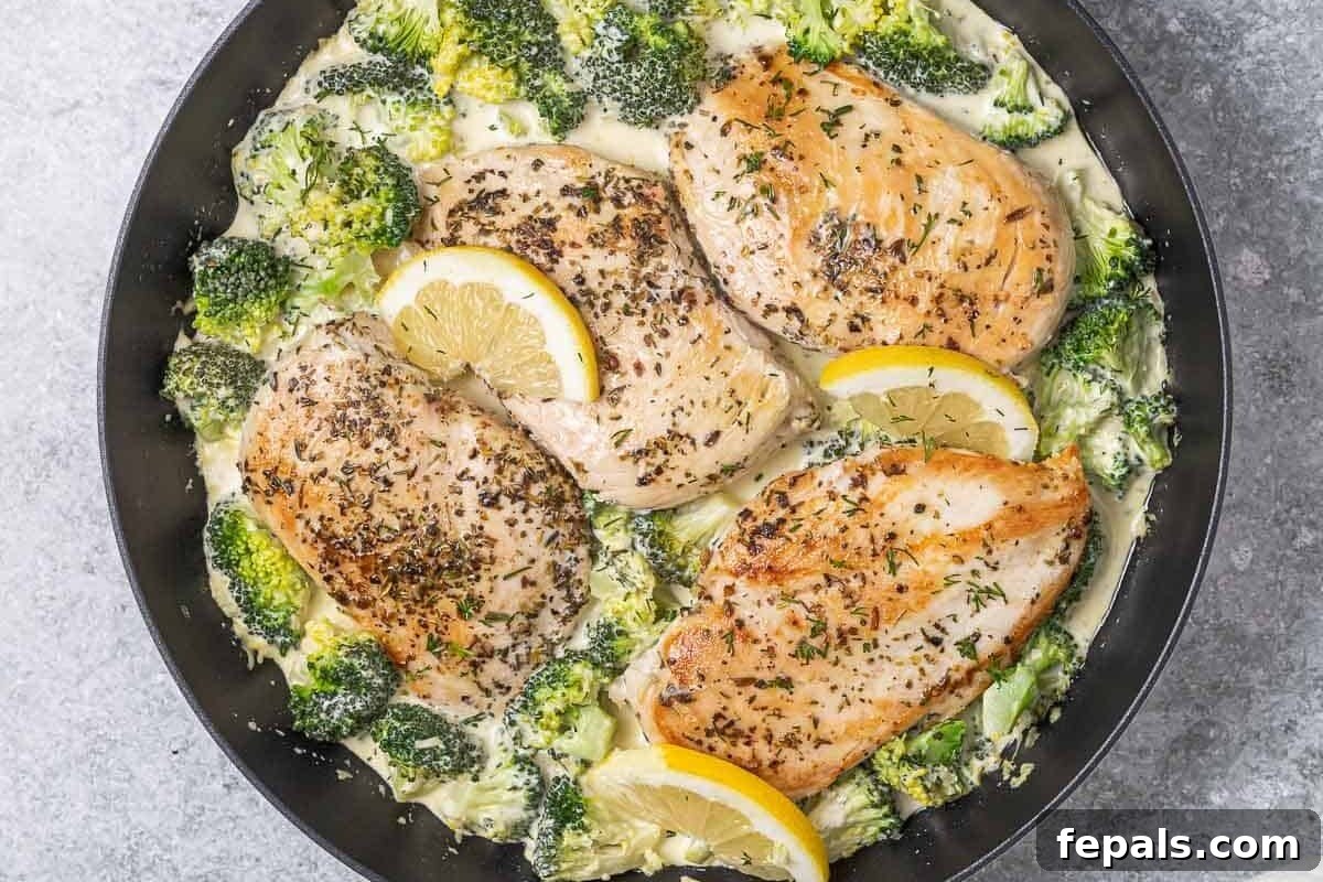 Chicken in a skillet with broccoli and a creamy dill sauce.