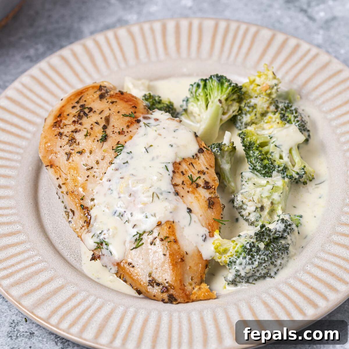 Chicken breast served over a plate with broccoli and creamy sauce.