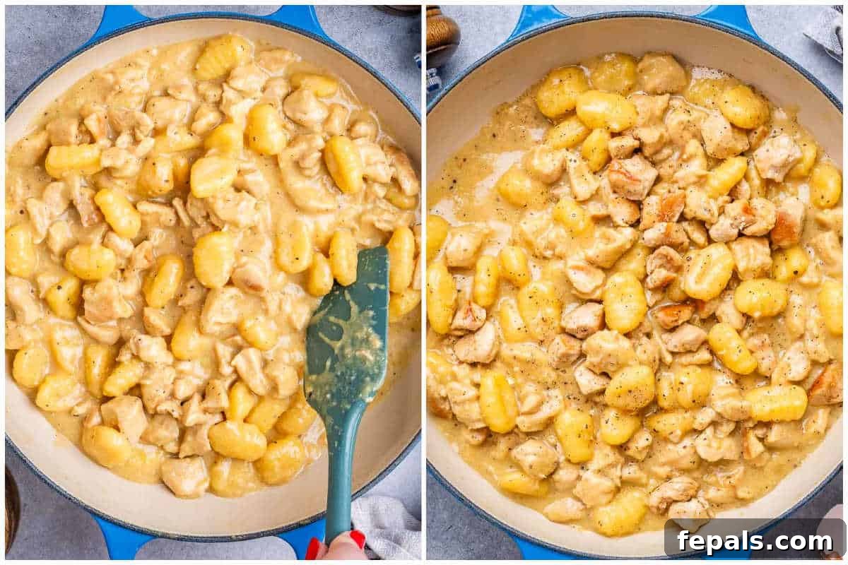 Pillowy Gnocchi Carbonara 6 Process shot: The finished creamy gnocchi carbonara with chicken in a skillet, ready for serving.