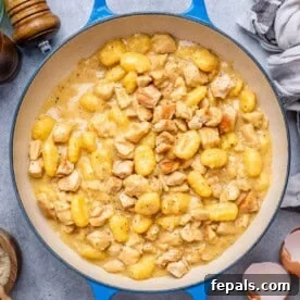 gnocchi and chicken in a creamy sauce in a blue pan.