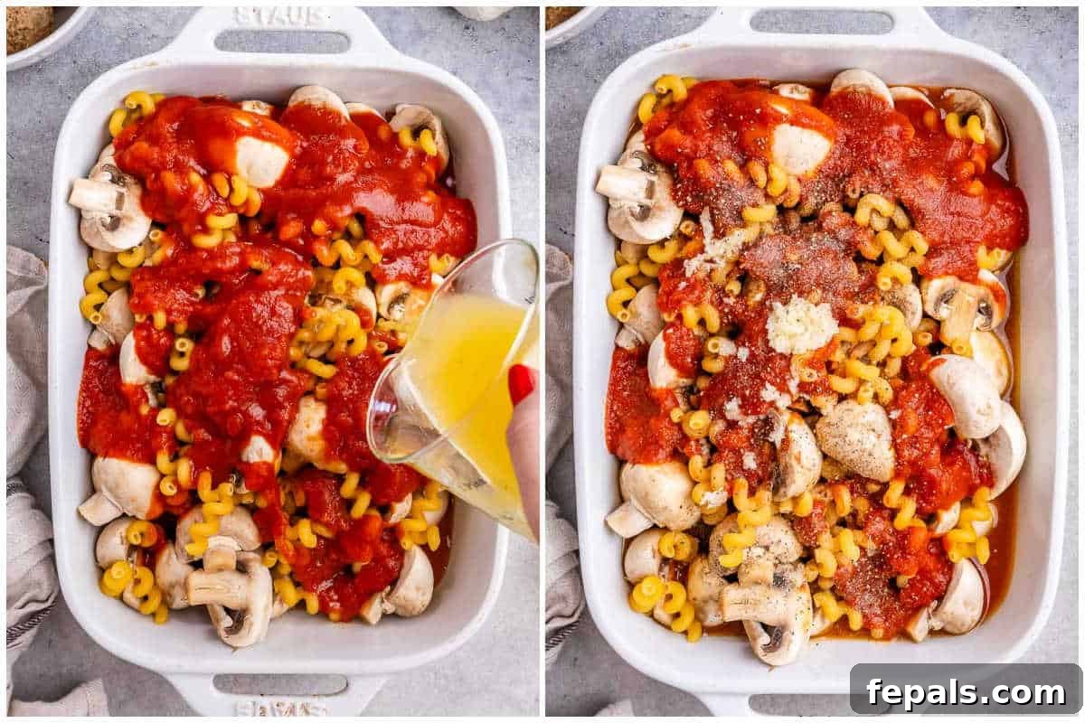 Effortless Meatball Bake 4 Process shot showing marinara sauce, broth, pasta, and mushrooms being added to a baking dish.
