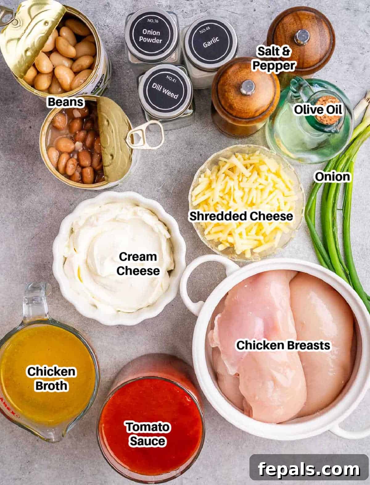 A flat lay image showing all the fresh and canned ingredients needed to make crack chicken chili.