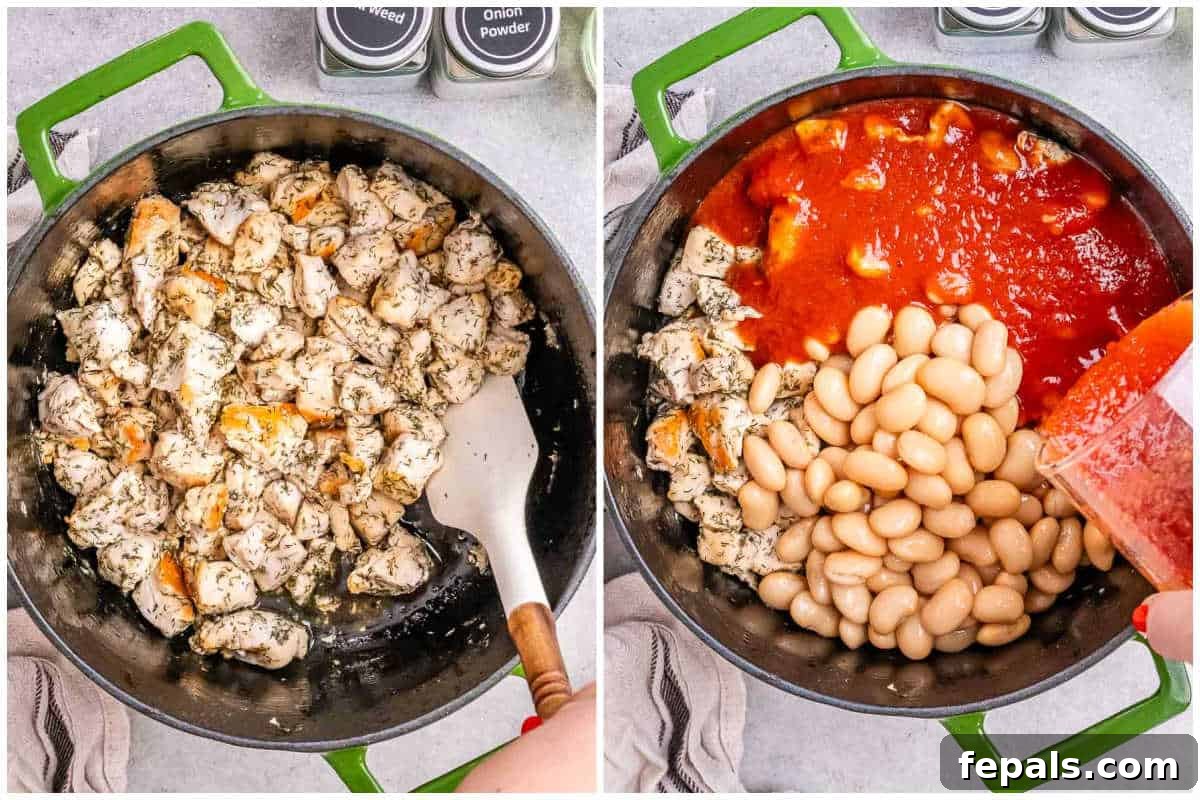 Step-by-step process image showing diced chicken browning in a pot and then tomato sauce being added.