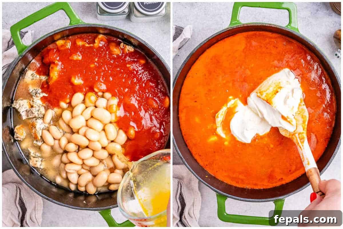 Process shot showing beans and broth being added to the pot, followed by softened cream cheese.