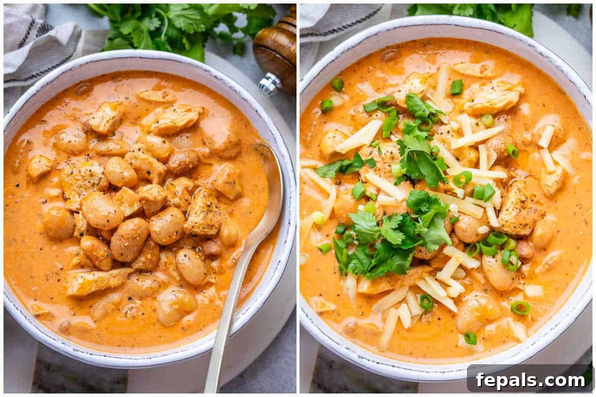 Process shot of crack chicken chili being scooped into a bowl and garnished with cilantro and green onions.