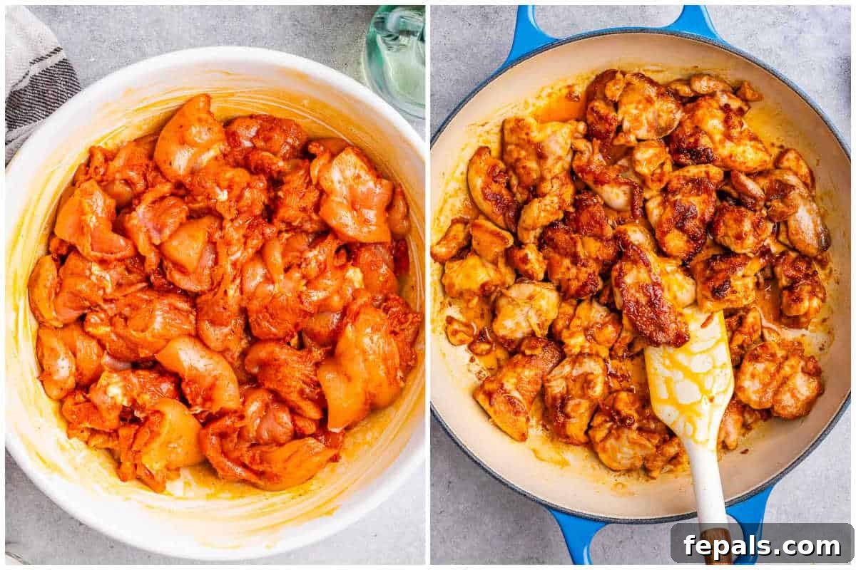 Creamy Hungarian Chicken 4 Process shot showing seasoned chicken searing in a skillet, forming a golden crust, an essential step for Chicken Paprikash.