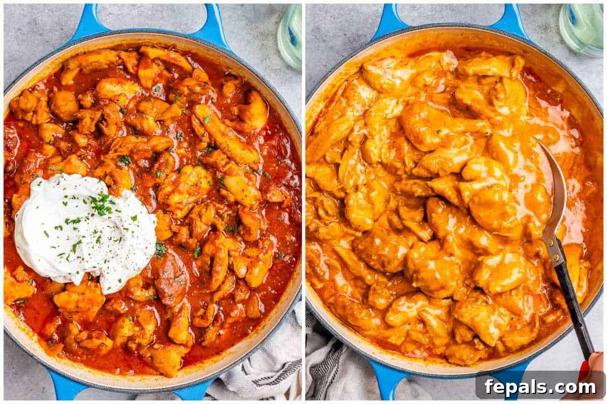 Creamy Hungarian Chicken 6 Process shot illustrating the addition of yogurt over the cooked chicken in the red paprika sauce, creating the creamy texture of Paprikash.