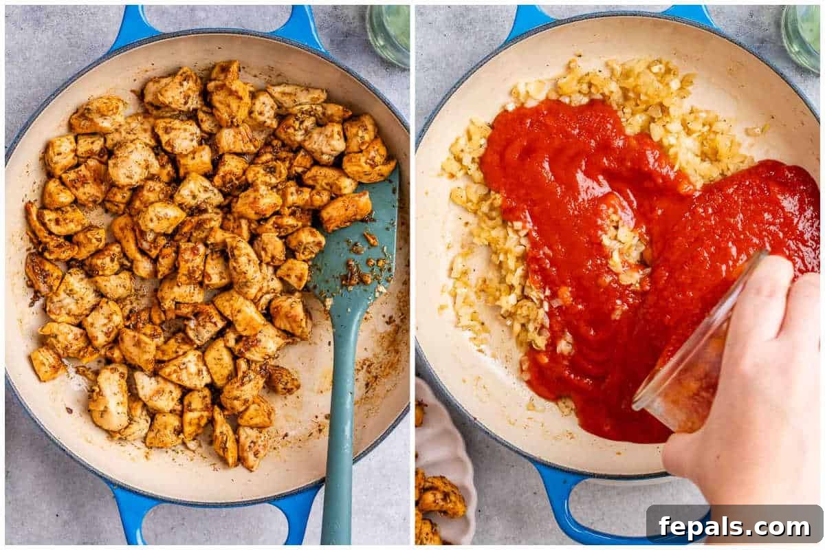 Process shot of cooking chicken and then adding tomato sauce to the pan.