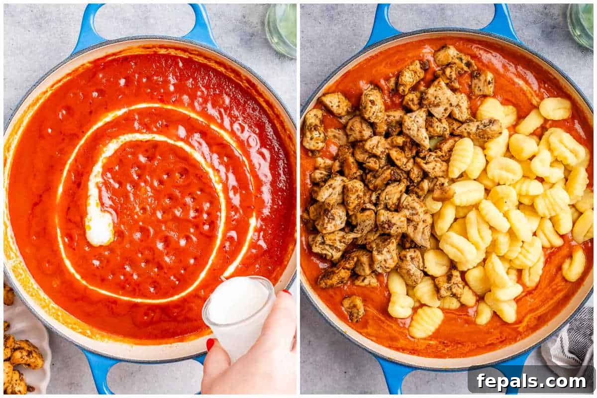 Process shot of adding the chicken and gnocchi into the simmering tomato sauce base.