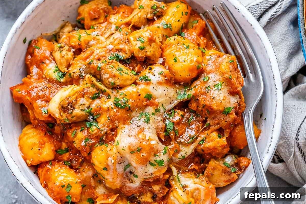 A beautifully presented bowl of creamy chicken and gnocchi with garnishes.
