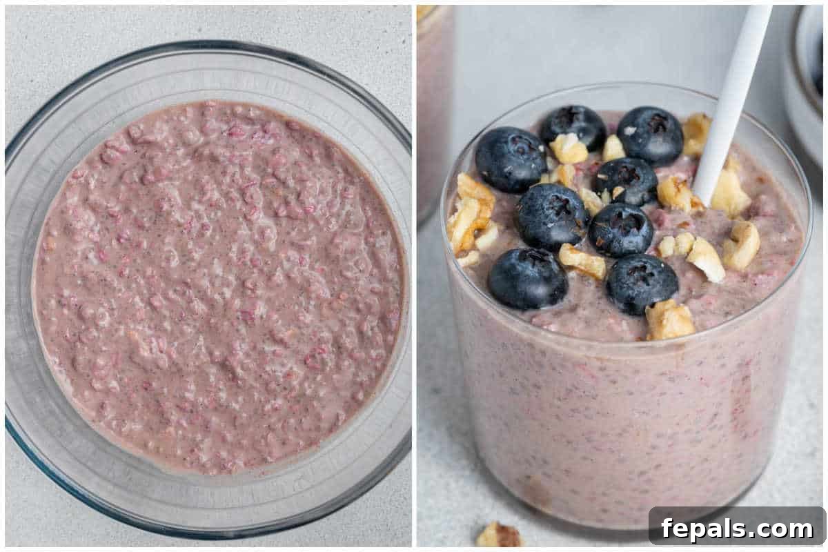 Easy Blueberry Overnight Oats 6 Process shot of soaked blueberry overnight oats being spooned into individual jars, ready to be topped and enjoyed.